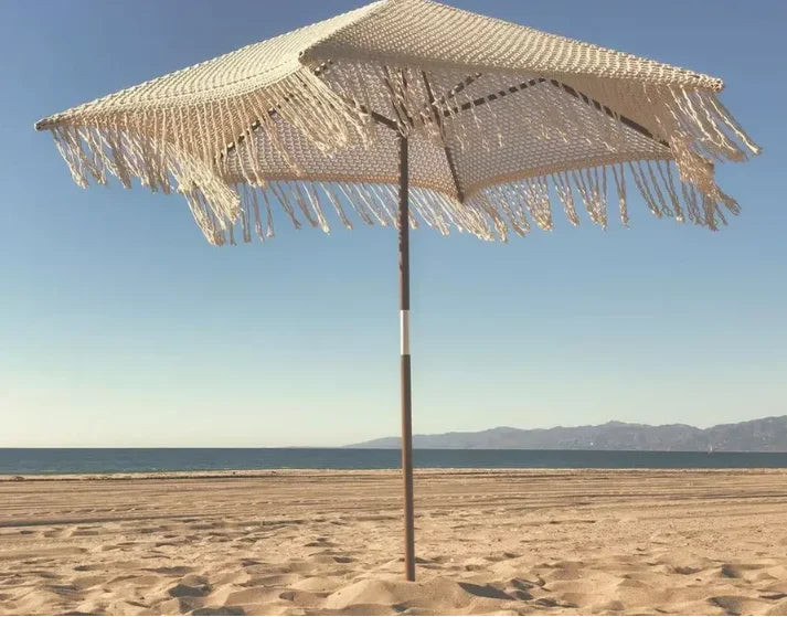 Modern Macrame Beach Umbrella Coffee Chocolate Tassel Fringe Woven Crochet Market Umbrella for Dining Hotels Courtyards Gyms