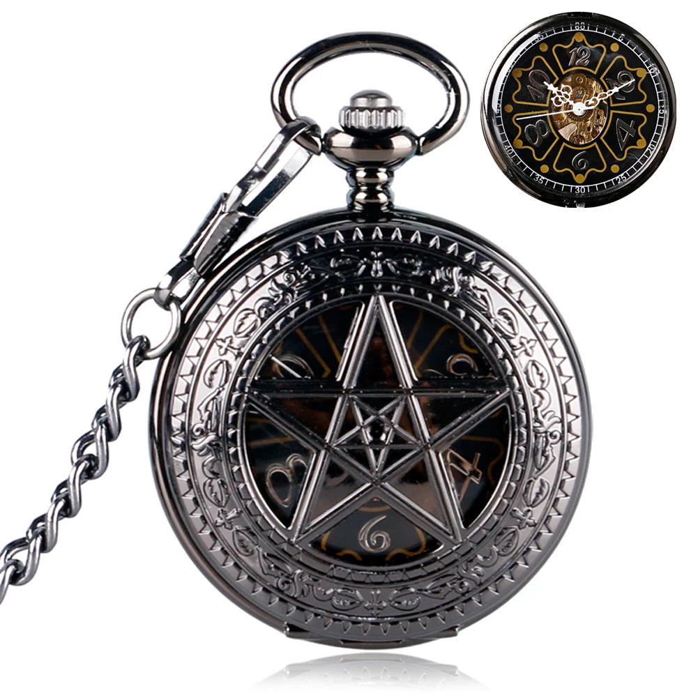 Black Pentagram Design Mechanical Men Pocket Watch Hand Winding Roman Numerals Steampunk Fob Watch with With Chain for Gift