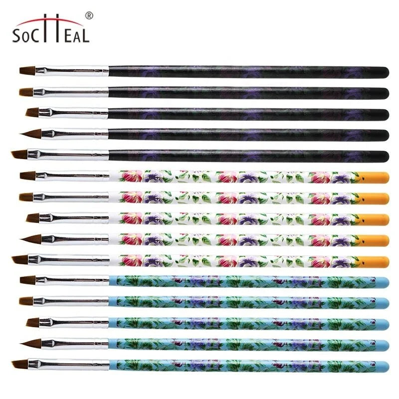 Wholesale 5pcs Flower Pattern Wood Rod Gel Nail Art Brush Set Crimped Nylon Hair Flat Oblique 3D Brushes for Professional