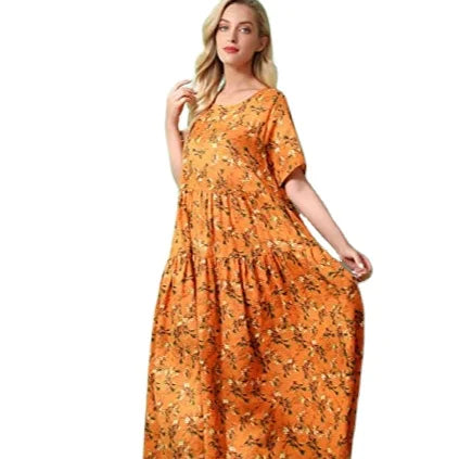 Women Casual Loose Bohemian Floral Dress Long Maxi Summer Beach Swing Dress With Pockets Short Sleeve Dresses for Women