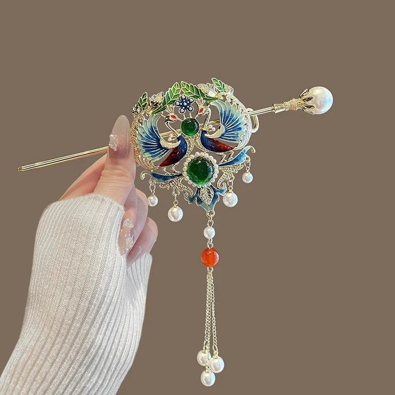 Chinese Style Enamel Phoenix Design Ponytail Hair Pin Women Head Ornament Accessories Pearl Tassel Rhinestone Chain HairStick