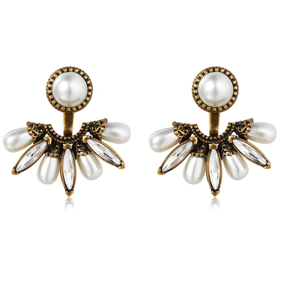 2024 New Trendy Vintage Antique Copper Plated Brass Pearl Removable Stud Earrings Unisex Jewelry Gift