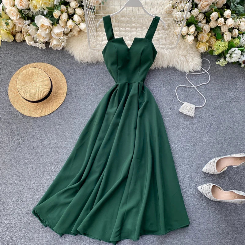 Sleeveless V-neck Solid A-Line Dress Summer High Waist Maxi Dress Ladies Retro Dresses Clothes Women Wholesale
