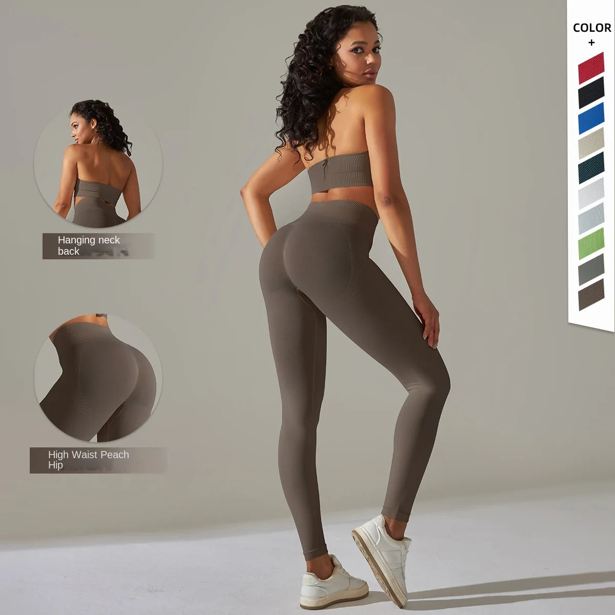 Women's Nylon Solid Two-Piece XL Fitness Clothing Set Elastic Waist Sports Bra & Seamless Yoga Pants Cross-Border Back Shorts