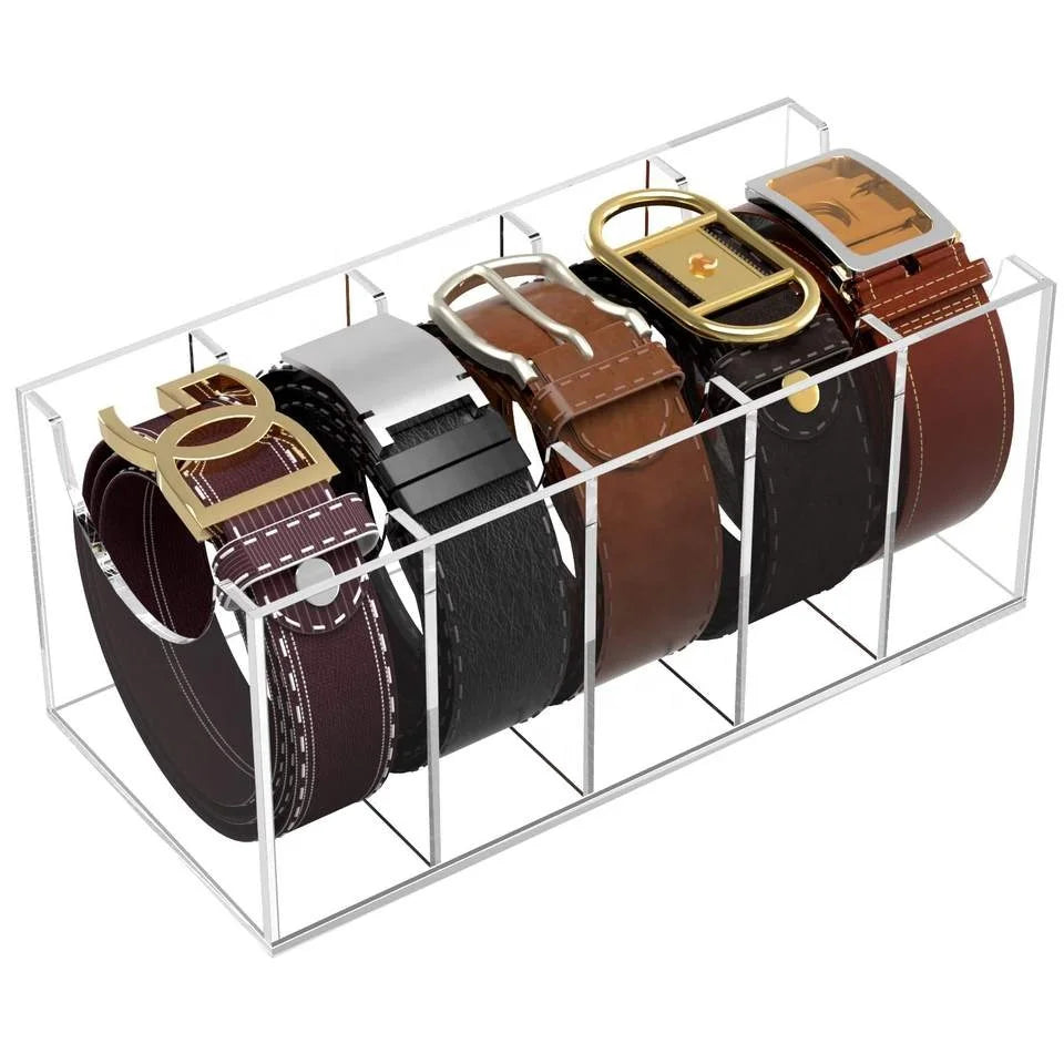 Factory Supplier OEM Handmade Custom 5 Compartments Belt Display Case Acrylic Tie Storage Holder for Closet Organizer