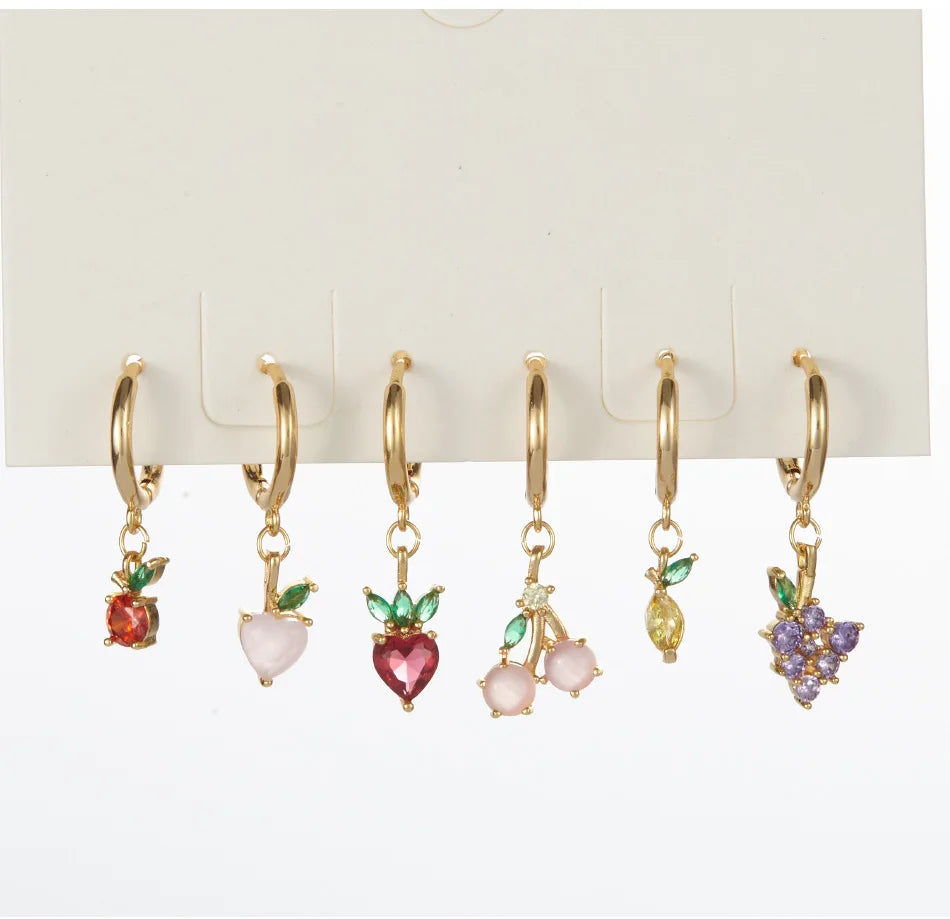 Dreamshow CZ Opal Stone Cute Fruit Charm Small Hoop Earrings Korean Earring Sets