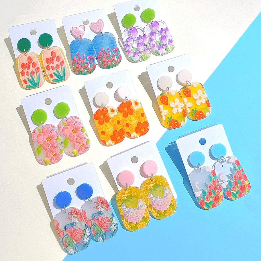 Simple Geometric Dangle Earrings Multicolor Acrylic Earrings Beautiful Floral Pattern Earrings for Women Girls