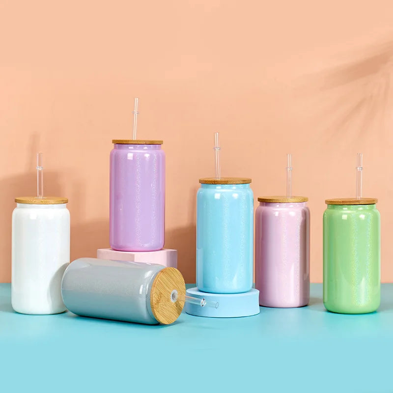 16oz Sublimation Gradient Tumblers Glass Jar Beer Can Coffee Glass Bottle Ombre Glitter Glass Can With Straw