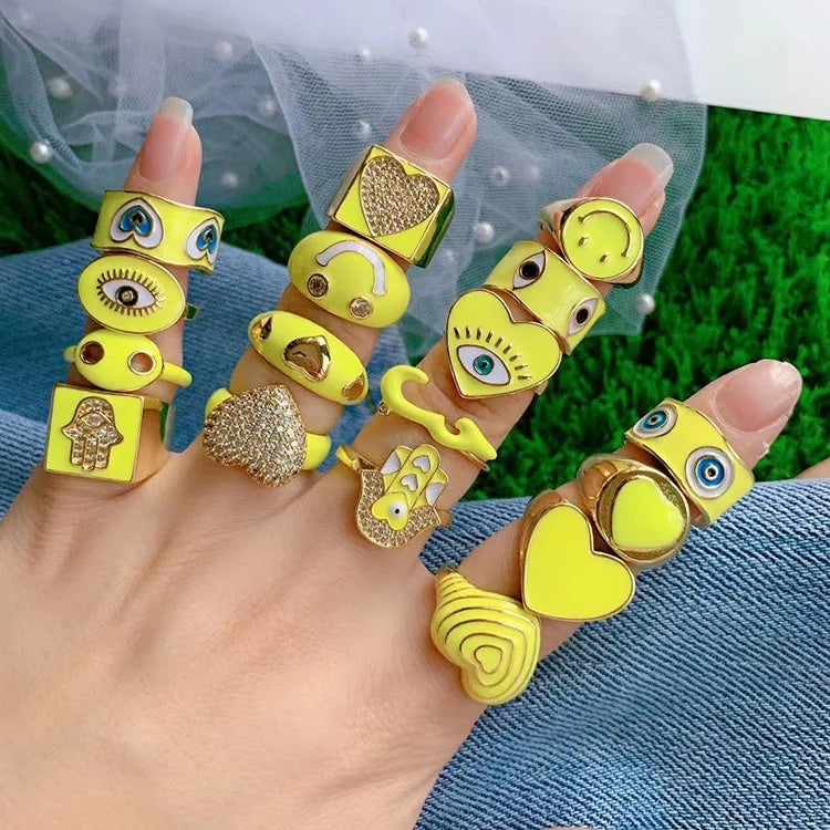 RM1342 Chic Gold CZ Diamond Micro Pave Yellow Colored Enamel Neon Smile Star Evil Eyes  Hamsa Hand Rings for Ladies