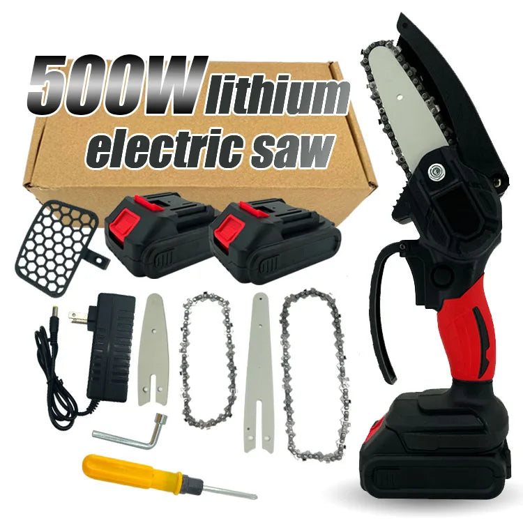 L 4+6 Inch Mini Electronic Chainsaw Cordless with 2 Battery One-Hand Handheld Chain Saw for Tree Pruning Shears