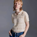 Custom Design logo Short Sleeve Summer Woven Lapel Crop Knitted Top Hollow Out Mesh Women Crochet Shirt