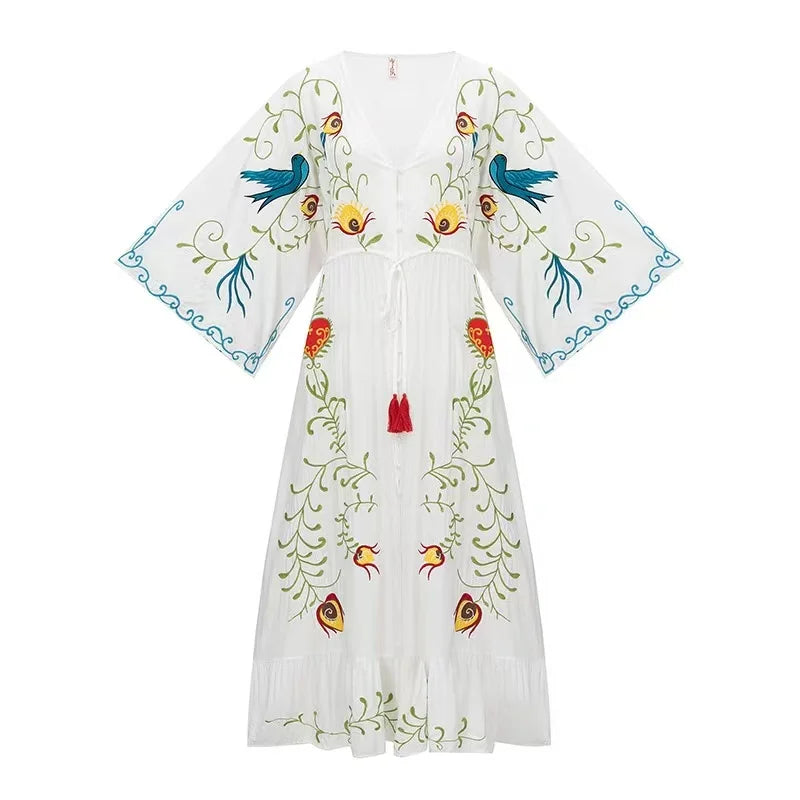 Women's Vintage Goddess V Neck Dress Eco-Friendly Cotton Flower Embroidery Summer ODM Customizable Natural Anti-Static Washable