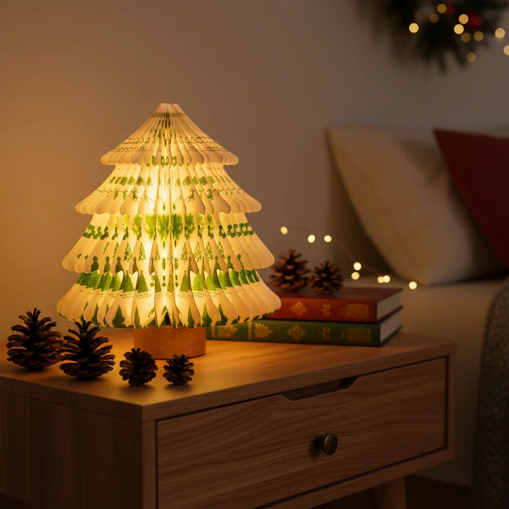 2026 New Idea Versatile Customizable Cartoon Art Christmas Tree Folding Lights Paper Lamp Warm Lighted Tree Lamp for Home Decor