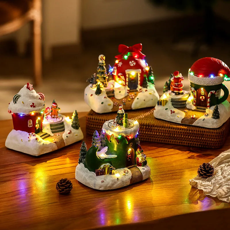 Christmas Gift Music Box LED Rotating Santa Music House Christmas Resin Ornament LED Music Box