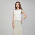 Women's Chinese Sleeveless Solid Vertical Striped Knit Vest Button Collar O-Neck Straight Crop Tank Top Sweater