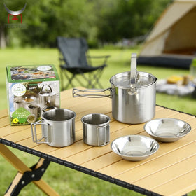 Wholesale Outdoor Camping Kettle Pot Stainless Steel Camping Cookware Mess Kit Cup & Bowls 5 Pcs Set