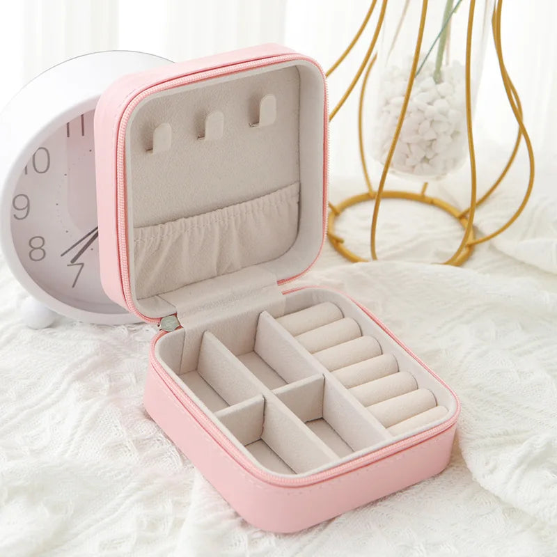 Portable Pink PU Leather Storage Ring Bracelet Earring Necklace Organizer Case Boxes