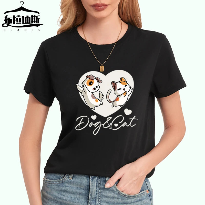 Eco-Friendly Solid Casual Women's T-Shirts Cotton Cartoon Cats Dogs Logo Graphic Quick Dry Breathable Heat-Transfer Printed
