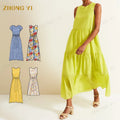 Summer Solid Color Long Dress 100% Cotton Dress Causal Style New Design Custom Women's Fashion Sleeveless Pleated Dress