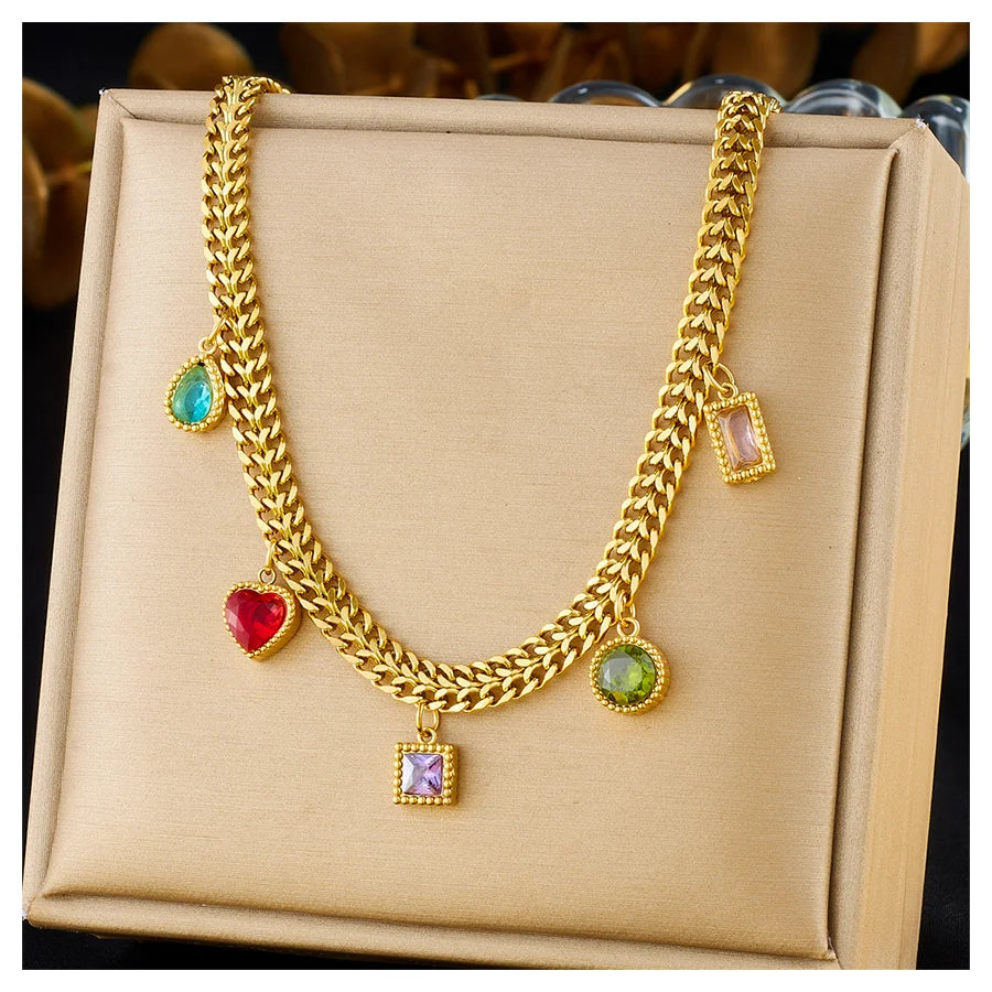 Sweet Stainless Steel Colorful Dainty Charm Necklace Non Tarnish 18k Pvd Gold Plated Diamond Charm Necklace for Women