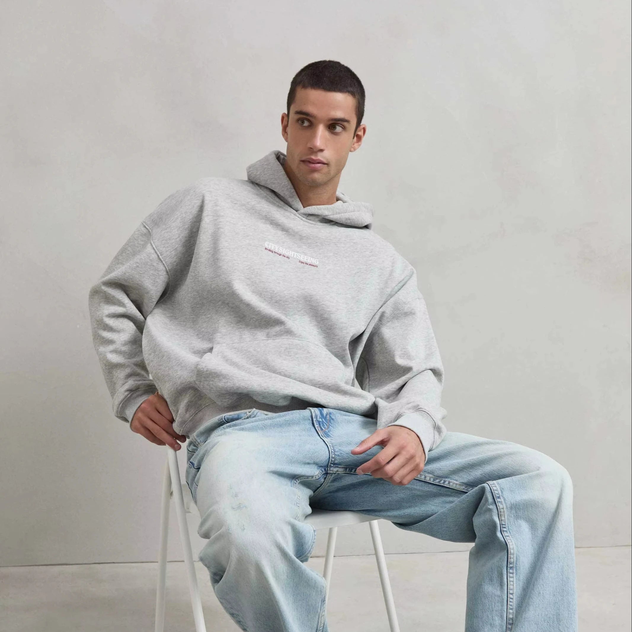 Heather Gray Winter Men's Hooded Oversize Boxy Fit Sweatshirt CITYSIGHTSEEING 3D Embroidery Solid Acid Washed