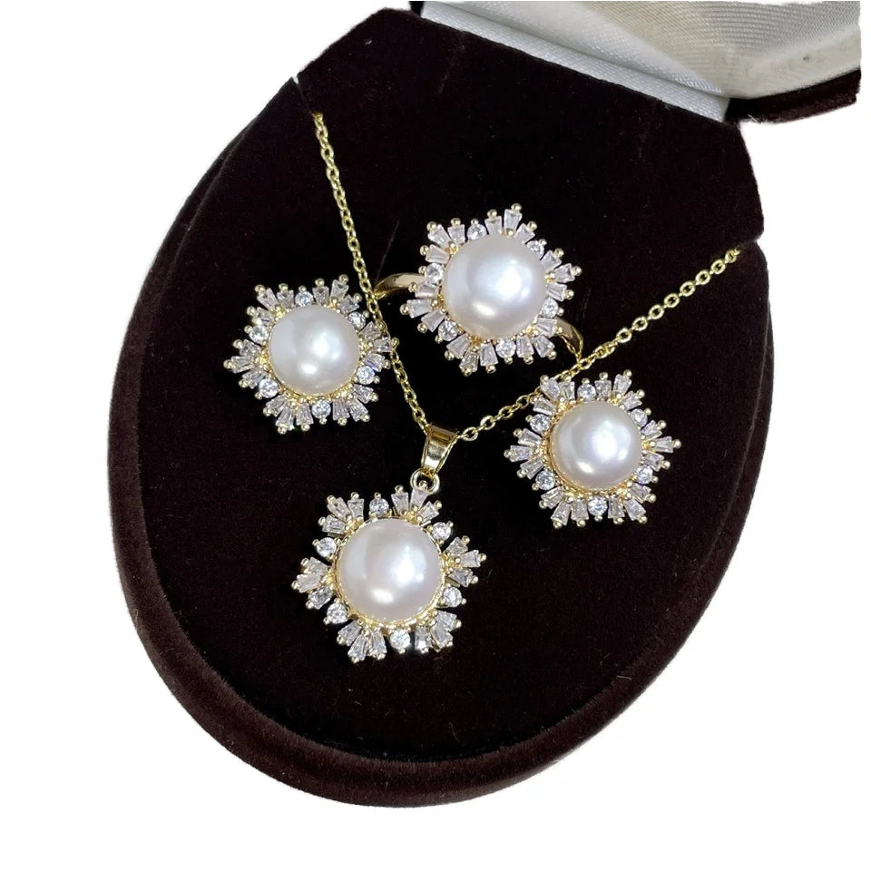 New Arrival Snowflake Cubic Zircon Freshwater Pearl Jewelry Set Wedding High Quality Pearl Necklace Earrings Set