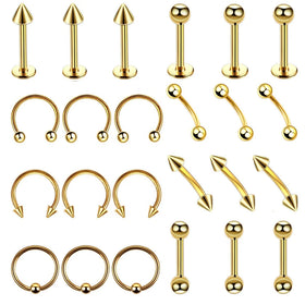 24Pcs/Set High Polished ASTM Rose Gold Plated Stainless Steel Industrial Barbell Labret Piercing Tongue Rings Lips Shaped Nose
