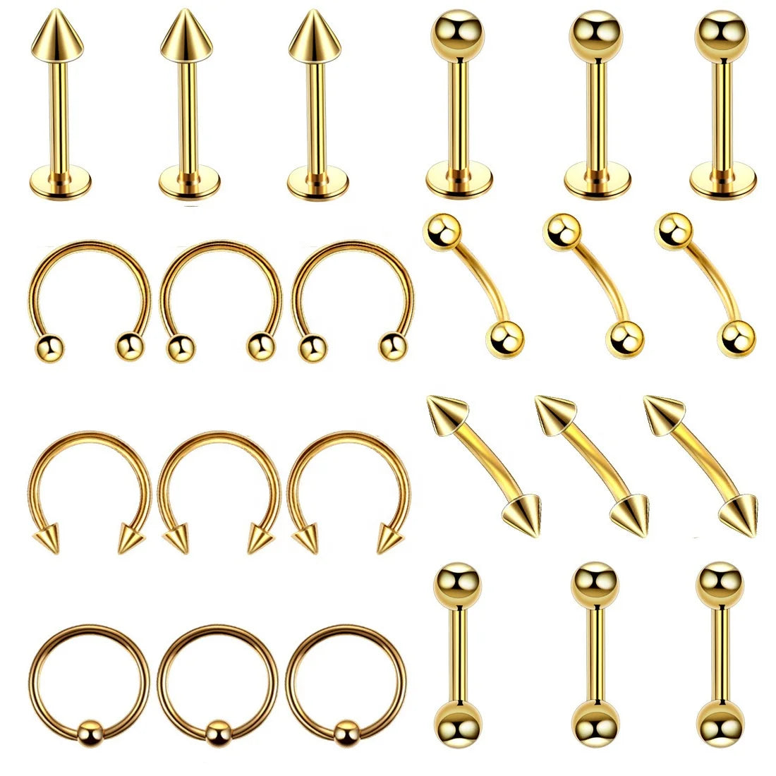 24Pcs/Set High Polished ASTM Rose Gold Plated Stainless Steel Industrial Barbell Labret Piercing Tongue Rings Lips Shaped Nose