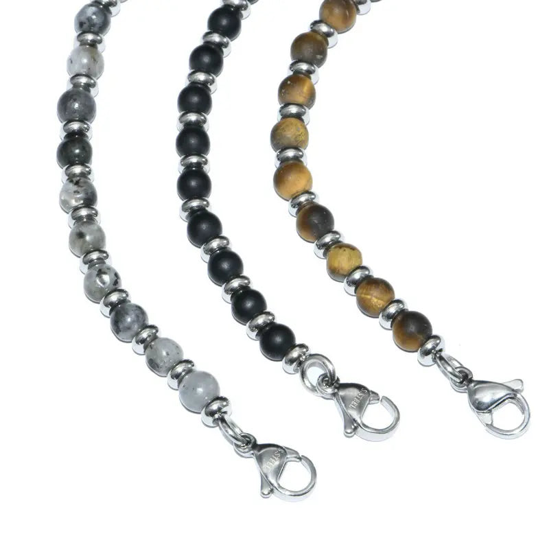 New Design Stainless Steel  Bracelets with  4mm Black Agate tiger Eye Labradorite Round Beads  Bracelet for Men's Luxury Jewelry