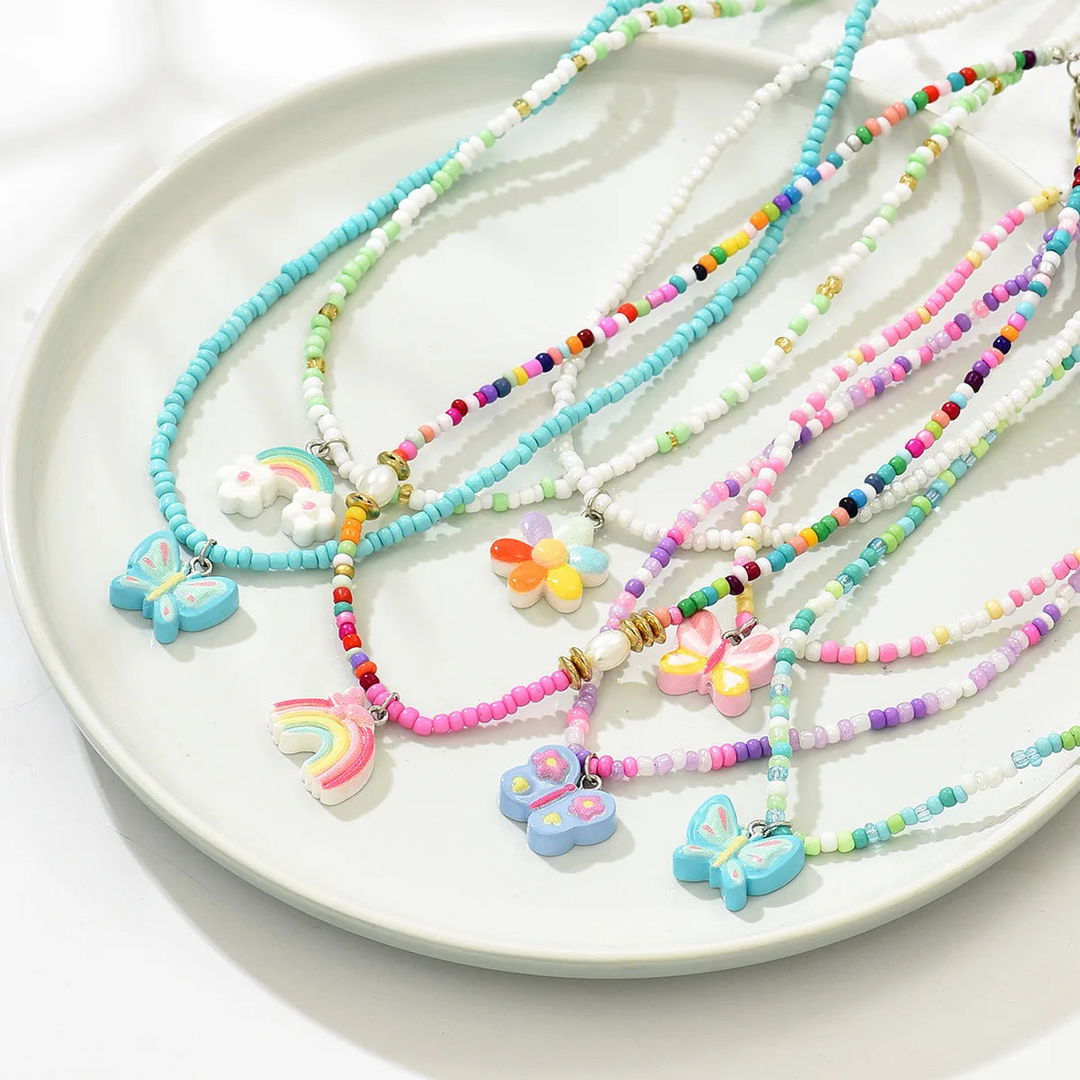 Japanese Style Dopamine Resin Jewelry Cute Colorful Bead Necklace Cartoon Butterfly Rainbow Pendant Necklace Gifts for Women