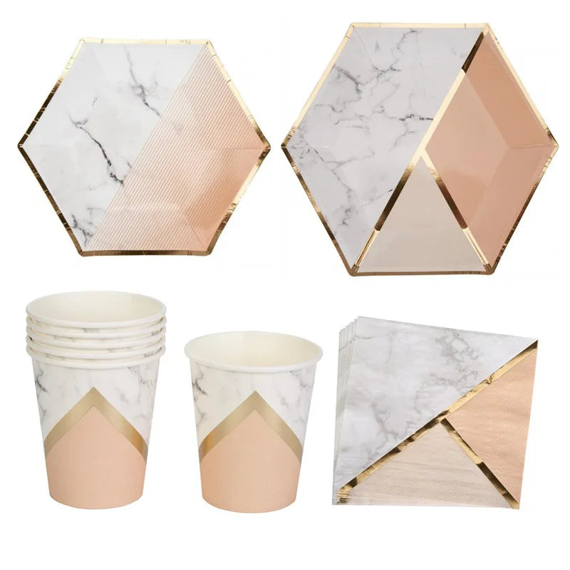 Ychon New Hexagon Paper Party Plates Set Marble Print Disposable Graduation Christmas Birthday Tableware Dinnerware