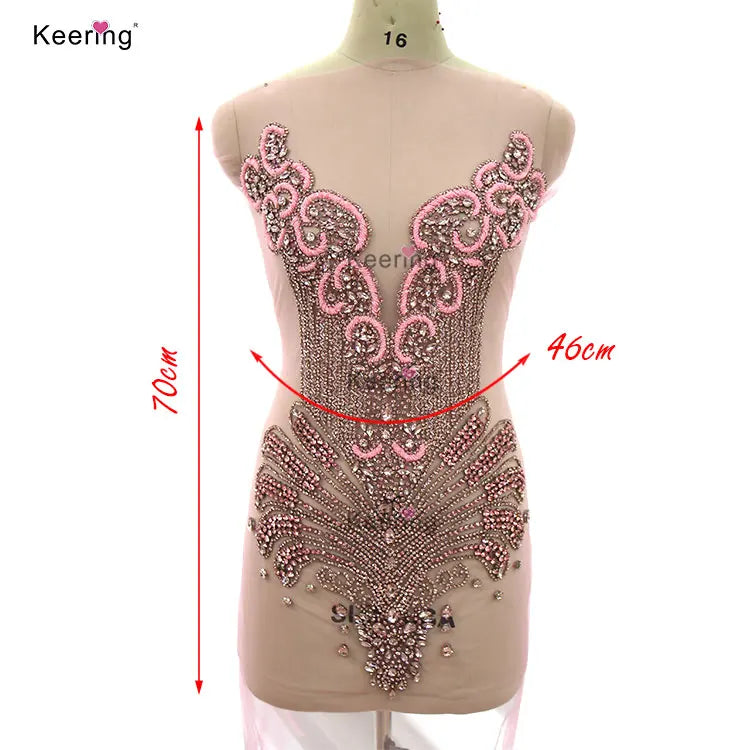 WDP-245-1 Keering 2023 Latest Color Gold Crystal Stone Champagne Rhinestone Diamond Bodice Applique Pink