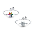 925 Sterling Silver Fine Jewelry Sparkling Colorful Cubic Zirconia Flower Adjustable Link Chain Rings for Women