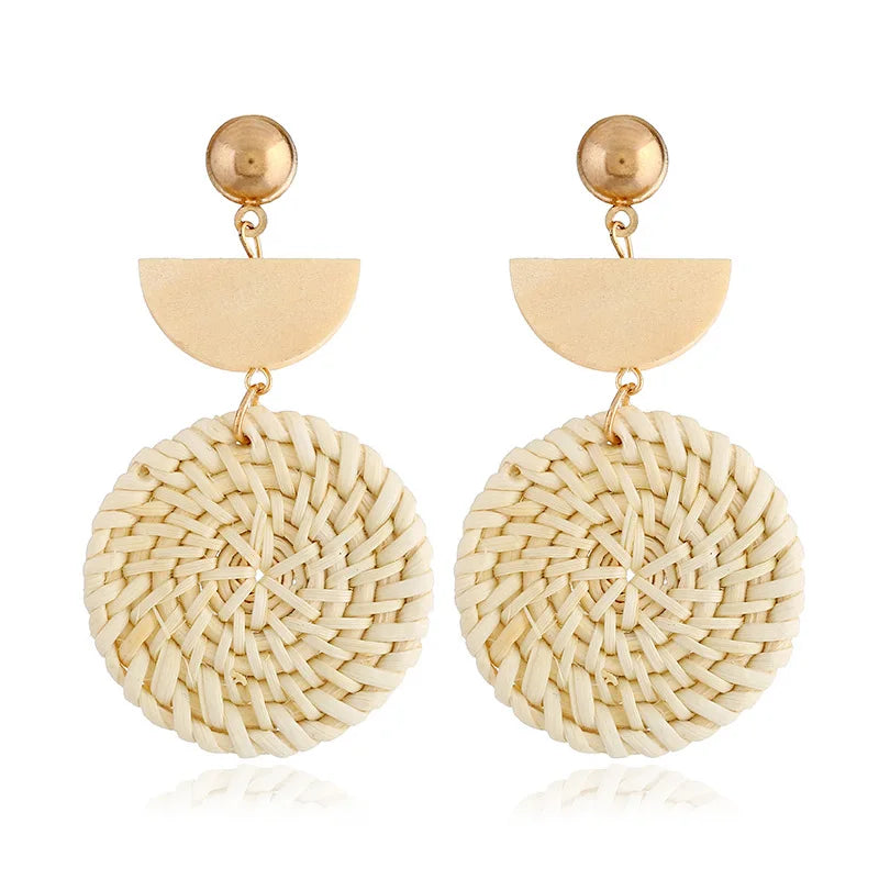 Hot Sale Bohemian Summer Beach Accessories Ethnic Handmade Jewelry Exaggerated Retro Rattan Geometric Earrings Gifts for Women