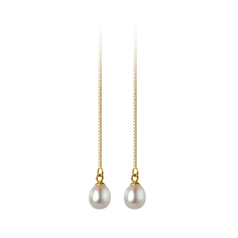 Fashion Jewelry 925 Sterling Silver Long Earrings Natural Pearl Long Chain Tassel Gold Plated Stud Earrings Ear Line for Women