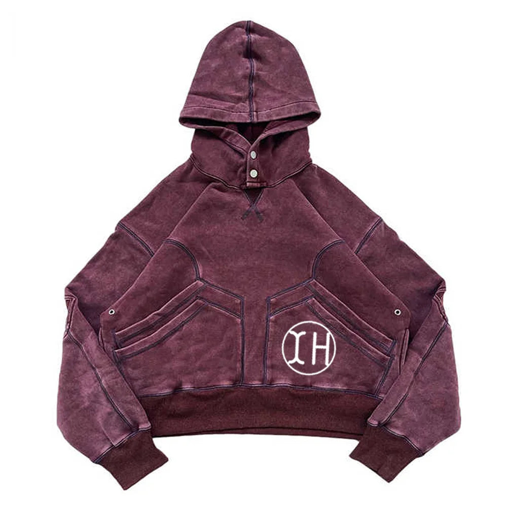 Customize Men Vintage Washed Oversized Fleece Sweatshirts Paneled Double Kangaroo Pockets Button Hooded Sweatshirt