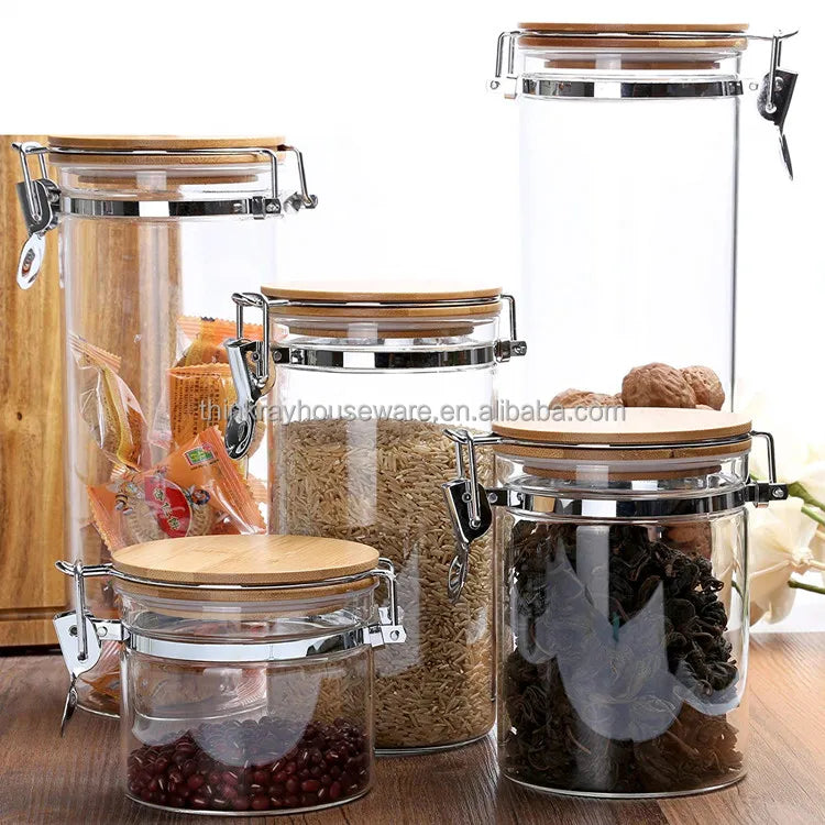Amazons Hot Selling Clear Borosilicate Glass Food Storage Jar Canister Container With Airtight Locking Clamp Bamboo Lid