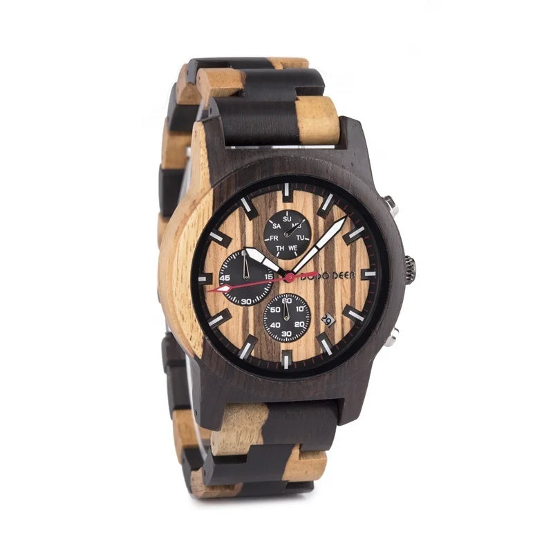 New Creative Men Three-eyes Wooden Quartz Fashion Sport Chronograph Calendar Watch Ebony Wood OEM