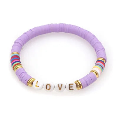 6mm Beads Polymer Clay Elastic Rope Bracelet with Letter Beads Summer Beach Jewelry for Women Girls