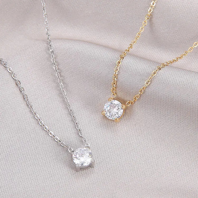 SC Korean Style Mini Round Zircon Charms Necklace Women 14K Gold Plated Stainless Steel Single Diamond Necklace for Girls