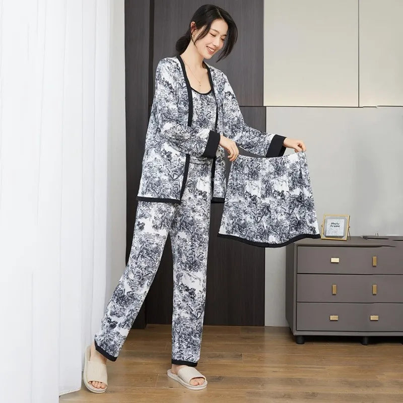Factory Wholesale V-neck Pajamas 4 Piece Set Women Fashion Casual Loose Home Clothes Nightgown for Ladies