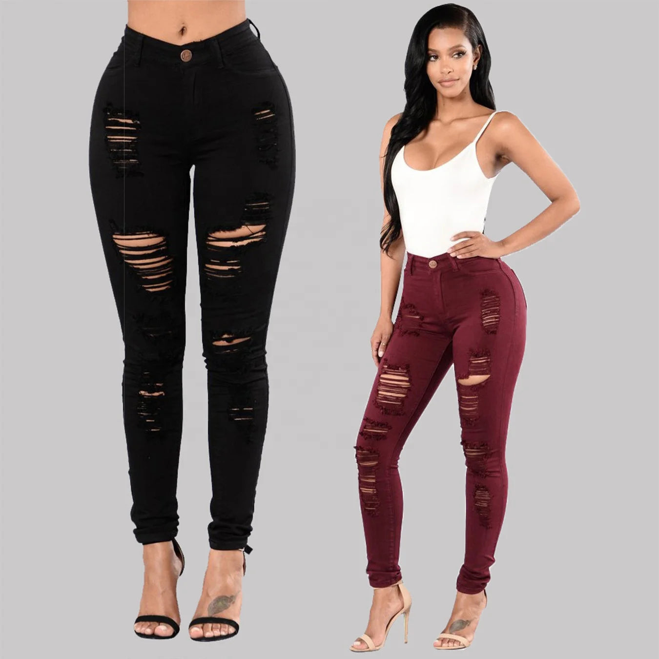 Womens Plus Size High Waisted Torn Jeans Burgundy Skinny Denim Pencil Pants Rugged Stretch Trousers Ripped Jeans