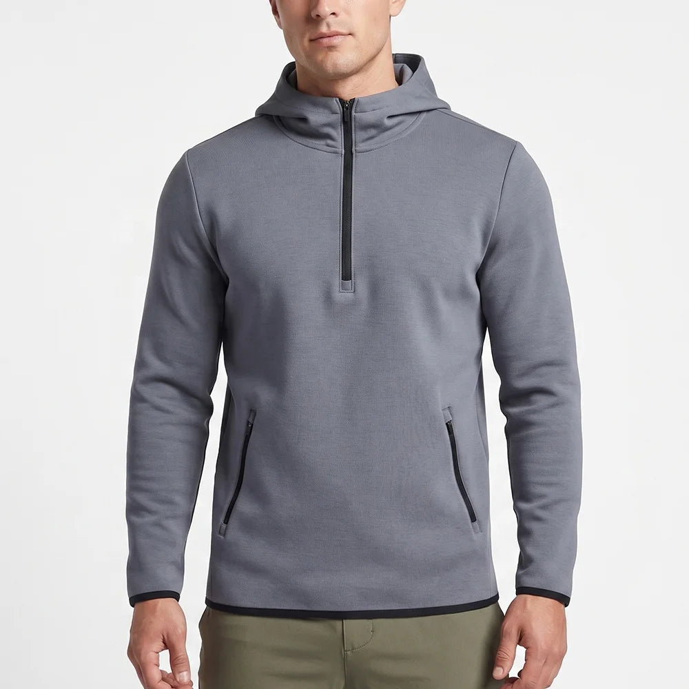 Custom Men's Quarter Zip Hoodie Performance 1/4 Zip Pullover Sweatshirt Contrast Piping Activewear Hooded for Gym & Golf