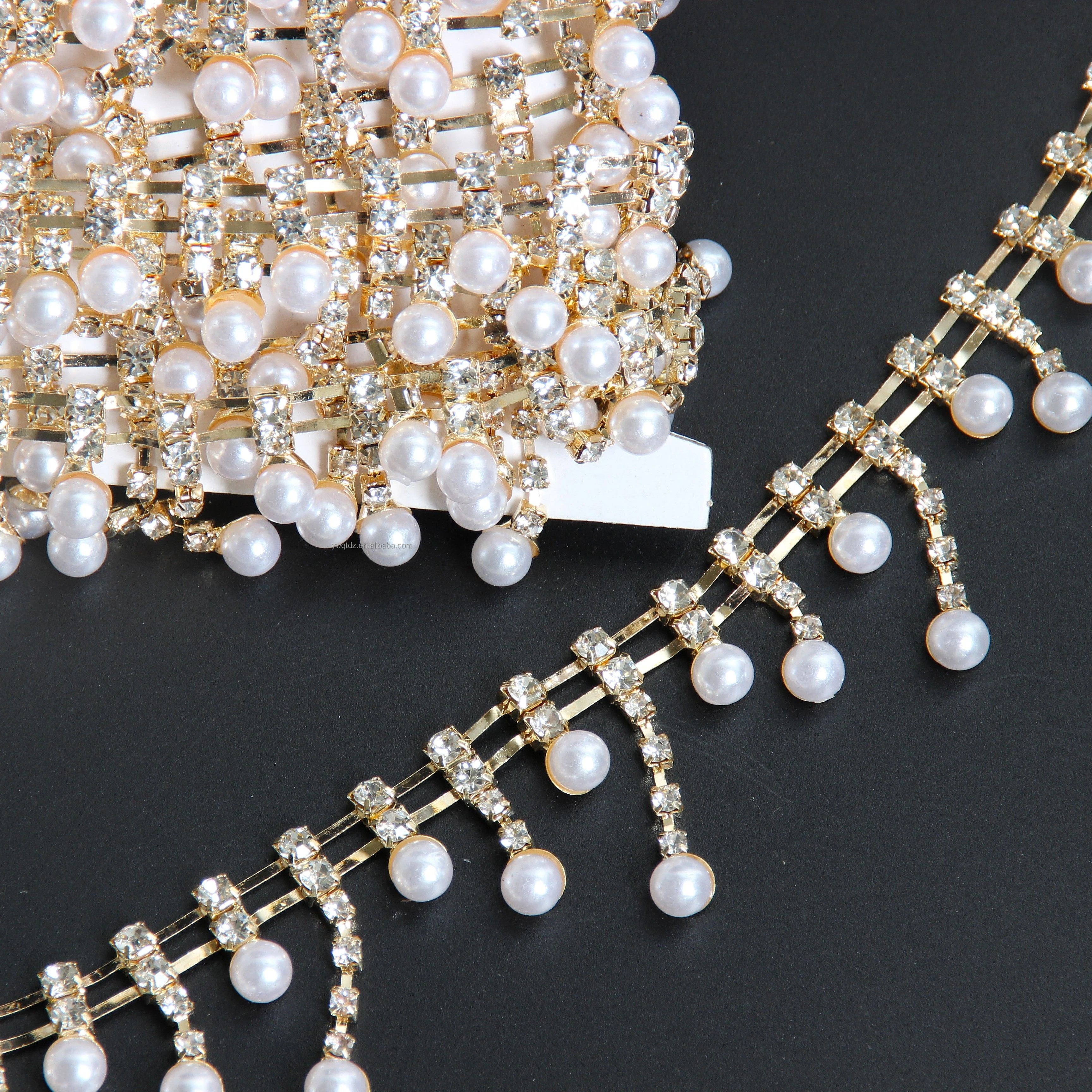 Stretchable Glass Rhinestone Chain Pearl Crystal Sew-On Cup Chain Body Chain Claw Fringe Trim for Jewelry Crystal Rhinestone