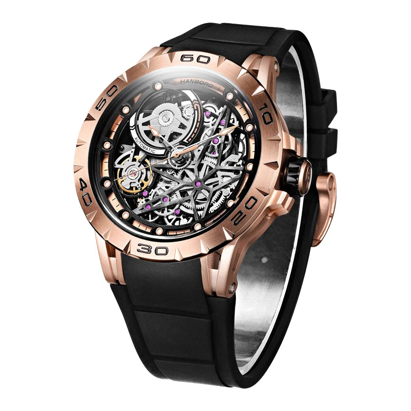 HANBORO Men's Classic Automatic Mechanical Watch Hollowed Design Luminous Hands Waterproof 24mm Pointer Glass Rubber Fashionable