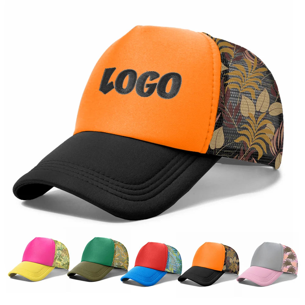 Wholesale Custom Logo 5 Panel Trucker Hats Manufacturer Two Tone Flower Structured Crown High Profile Mesh Snapback Caps