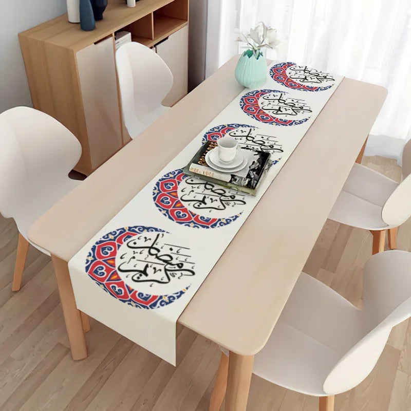 Eid Mubarak Golden Star Moon UV Printed Lantern Table Runner 33x180cm Liney Grinding Base Cloth for Ramadan Party Decorations