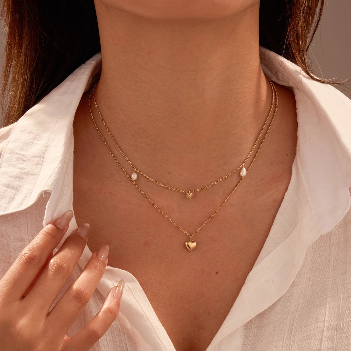 Statement Jewelry Necklace Stainless Steel Fresh Water Pearl Heart Pendant Hexagram Star Charm Chain Necklace for Women