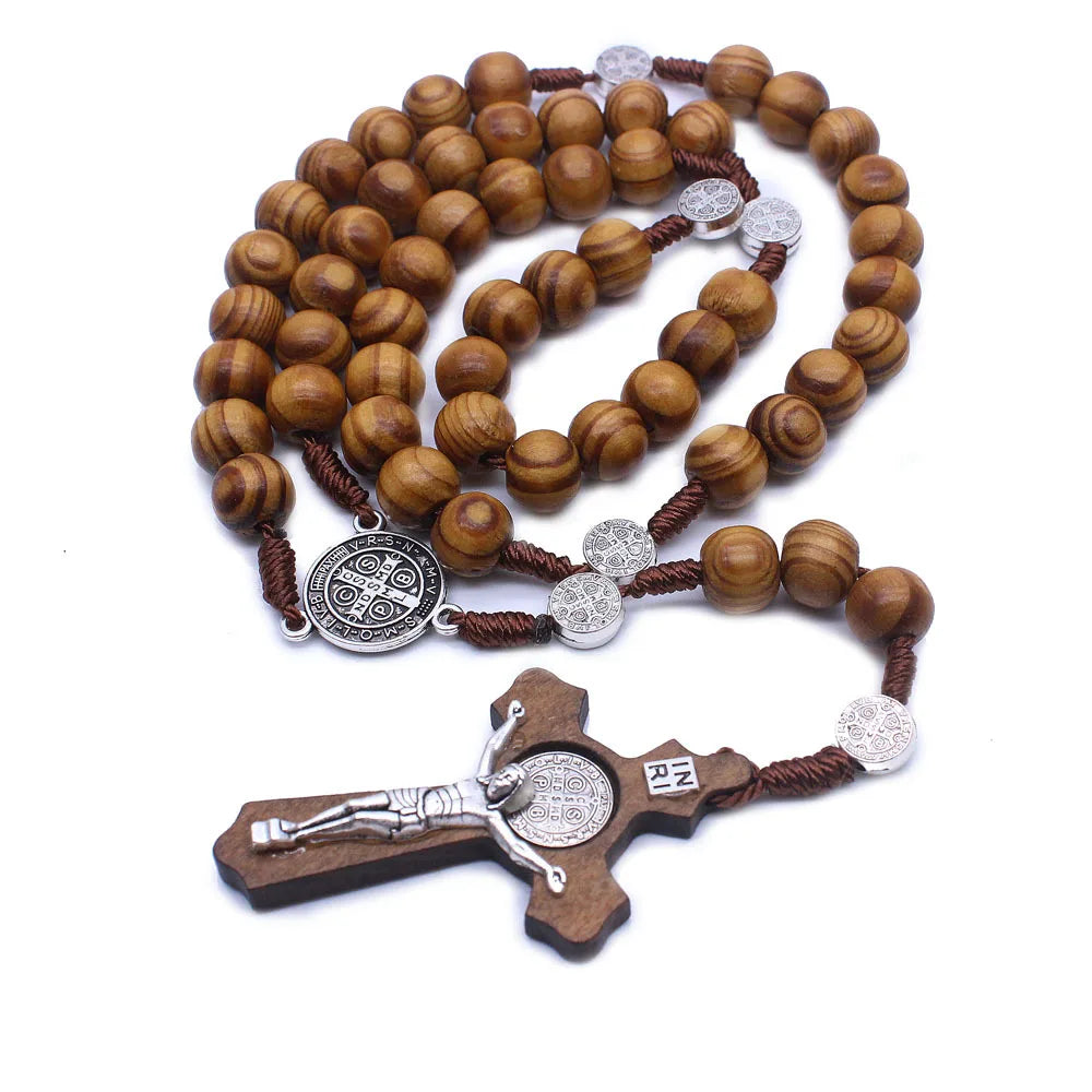 Catholic Rosary Necklace Handmade Solid Wood Cross Necklace Religious Ornaments Wood Rosary
