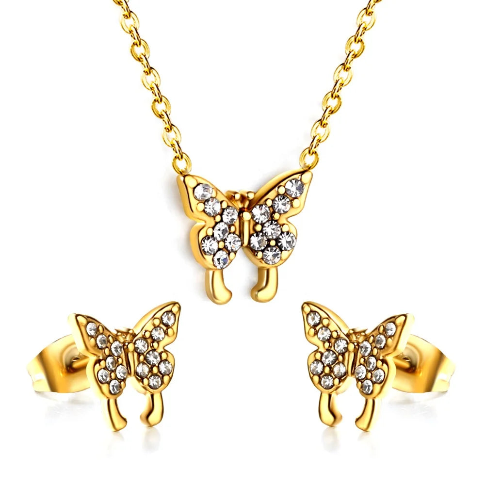Custom Women's 18K Gold Plated Stainless Steel Jewelry Set Butterfly Pave Zircon Pendant Necklace Earrings for Parties Gift